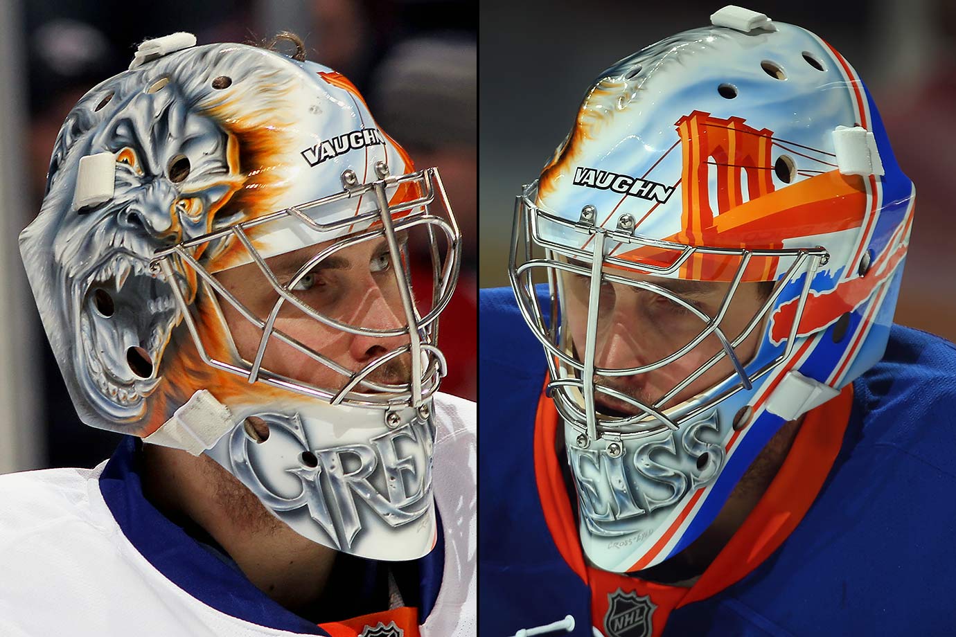New York Islanders Thomas Greiss goalie mask with an angry Sasquatch